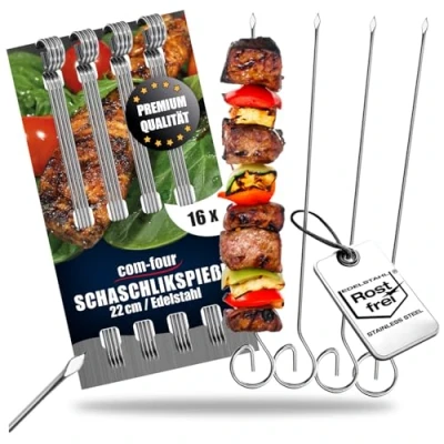 Abbildung von com four® 16x Schaschlikspieße 22 cm aus Edelstahl Lange Fleischspieße Premium Grillspieße, Gemüsespieße im Set für BBQ, Grill, Fleisch, Schaschlik und Gemüse (22cm 16 Stück)