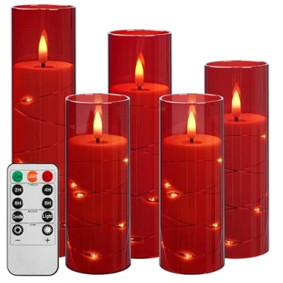 Abbildung von Da by Led Kerzen mit Eingelassener Lichterkette，Batteriebetriebene Fernbedienung und 24 Stunde Timer，Flackernde Für Weihnachtsdekoration,Heimdekoration(rot, 5er Set)