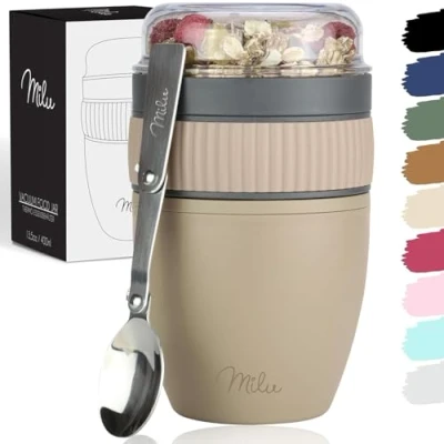 Abbildung von Milu Müslibecher to go 400ml MüsliMax Plastik Joghurtbecher für Müsli I auslaufsicherer Becher mit Löffel Yoghurt/Porridge (Braun)