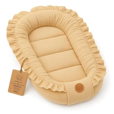 Abbildung von Musselin Babynest Nestchen Baby 90x50 cm Babynestchen Neugeborene Nest für Kinder Bett und Babybett tragbar Kuschelnest Coccon Jungen Mädchen Baumwolle Beige
