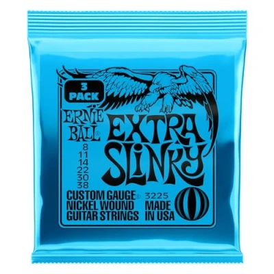 Abbildung von Ernie Ball Extra Slinky Nickel Wound E Gitarrensaiten, 3er Pack, Stärke 8 38