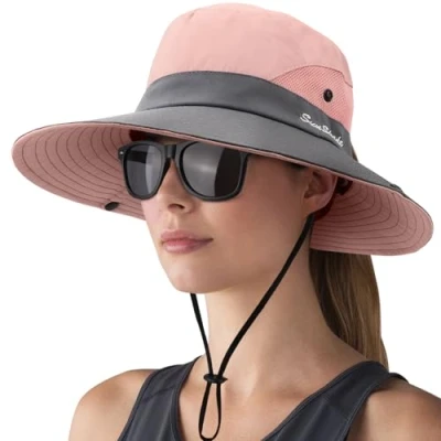 Abbildung von DRESHOW Damen Sonnenhut Outdoor UV Schutz Hut Faltbar Mesh Breite Krempe Angeln Pferdeschwanz Strand Eimer Hüte mit Sonnenbrille