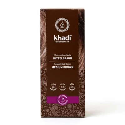 Abbildung von khadi MITTELBRAUN Pflanzenhaarfarbe, Haarfarbe für lebendiges, warmes Zimtbraun bis zu kräftigem, tiefem Mittelbraun, Naturhaarfarbe 100% pflanzlich, natürlich &amp; Naturkosmetik, 100g
