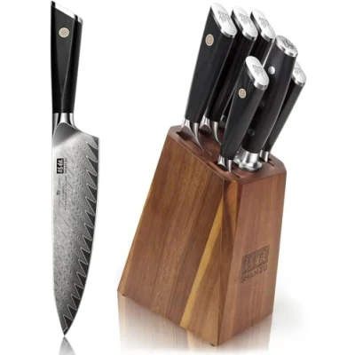 Abbildung von SHAN ZU Damaststahl Messerblock mit Messer, 7 teiliges Küchenmesserset AUS Japanischem 10 Spitzenstahl, Professionelles Küchenmesser G10 Griff GYO Series