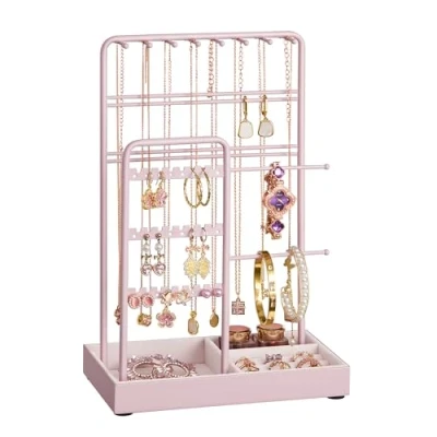 Abbildung von SONGMICS Schmuckständer, Schmuckhalter, Metallrahmen, Schmucktablett Samt, Schmuckaufbewahrung für Halsketten Armbänder Ohrringe Ohrstecker Ringe, Geschenkidee, pastellrosa JJS021R01