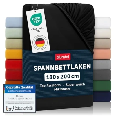 Abbildung von Blumtal® Spannbettlaken 180x200cm aus Microfaser Oekotex zertifiziertes Bettlaken 180x200 Leintuch 180x200/Spannbettuch Spannleintuch Laken Schwarz
