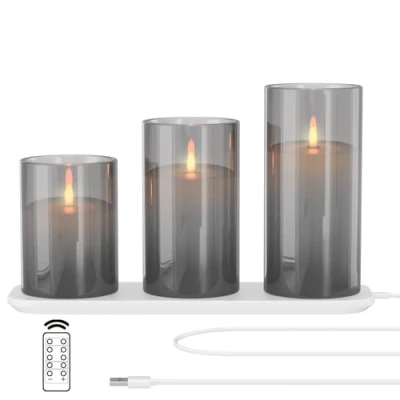 Abbildung von EXTSUD Led Flammenlose Kerzen Flackern mit Ladestation und Fernbedienung Timerfunktion,3er Set aus Glas Wiederaufladbare Flamme Kerzenlicht Romantische Teelichter Deko Wohnzimmer Grau