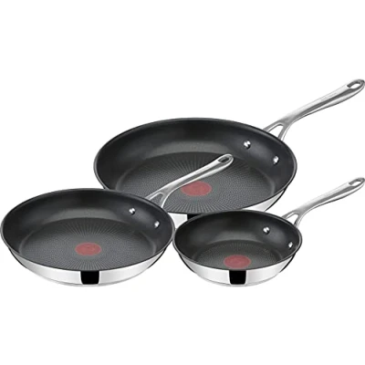 Abbildung von Tefal Jamie Oliver Cook&#039;s Direct On Pfannen Set 20/24/28 cm, Antihaft, Induktion, Backofenfest, Edelstahl, Genieteter Griff, E304S344