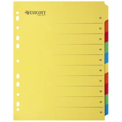 Abbildung von Westcott Register für Ordner A4 mit Klarsichthüllen Extrabreite Trennblätter Prospekthüllen in Din 10 farbige Tabs 5 Farben Robuste 230g/m² Eurolochung E 1733313 00