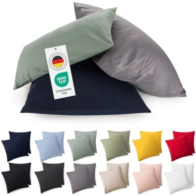 Abbildung von Blumtal Kissenbezug 50x50 cm (2er Set Kissenbezüge) Blau 100% Baumwoll Jersey, Oeko Tex Zertifiziert, Kissenbezüge Jersey Kissenhülle für Deko Kissen mit Reißverschluss
