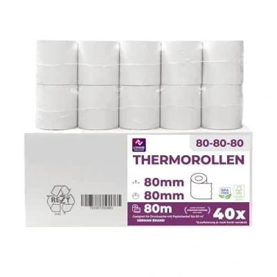 Abbildung von Thermorollen 80mm x 12mm Kassenrollen Bonrollen für Registrierkasse Bondrucker Thermopapier BPA Frei (40 Rollen)