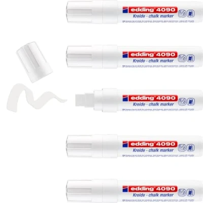 Abbildung von edding 4090 Kreidemarker weiß 5 Kreidestifte Keilspitze 4 15 mm breiter Kreidestift für Tafel abwischbar zum Beschriften von Fenster, Glas, Spiegel Tafelstift mit deckenden Farben