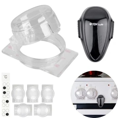 Abbildung von Herd Kindersicherung Set, 7 Pack, Herdknopf Abdeckung und Backofentür Sicherung, in Transparent Schwarz, für Drehknöpfe mit max. Ø 41 x 33 mm, min. 51 mm Knopf Abstand, Herdtür Babysicherung Taste