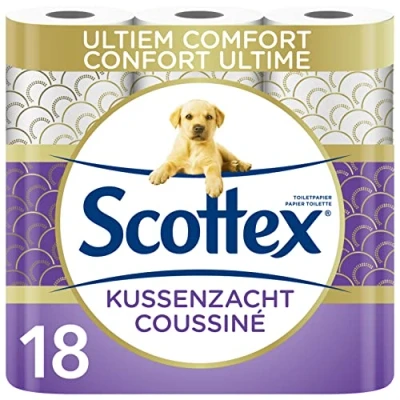 Abbildung von Scottex gepolstertes Toilettenpapier, 18 Rollen, besonders bequem und weich 100 Prozent recycelbare Verpackung