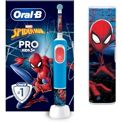 Abbildung von Oral B Pro Kids Spiderman Elektrische Zahnbürste/Electric Toothbrush, Kinder ab 3 Jahren, inkl. Sensitiv+ Modus für Zahnpflege, extra weiche Borsten, 1 Aufsteckbürste, Reiseetui, 4 Sticker, Blau/Rot
