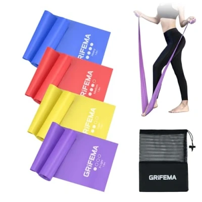 Abbildung von GRIFEMA Fitnessbänder [4er Set], Gymnastikband mit 4 Widerstandsstufen, Fitnessband Tragetasche &amp; Übungsanleitung, Resistance Bands für Yoga, Pilates, Blau, Rot, Gelb, Violett