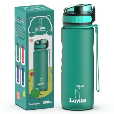 Abbildung von Luyiilo Trinkflasche Kinder Auslaufsicher 500 ml, BPA Frei mit Fruchteinsatz, Kohlensäure Geeignet, Perfekt für Schule, Kindergarten, Sport (Grün)