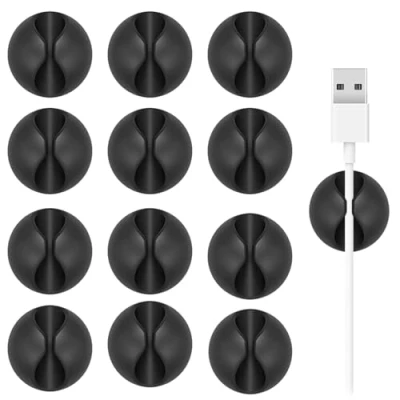 Abbildung von Kabelhalter Kabelclips, 12 Stück Kabel Organizer Kabelklemmen Selbstklebend Clips, Kabelorganizer für Schreibtisch, Kabelmanagement Netzkabel (Schwarz)
