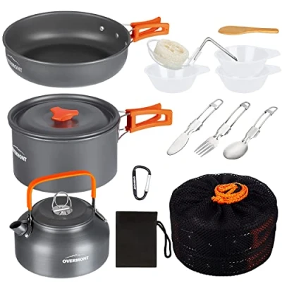 Abbildung von Overmont Camping Kochgeschirr Set Outdoor Geschirr Kochtopf Grillgeschirr Picknick Topf mit Kaffeekanne Teekanne Aluminium