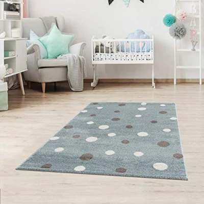 Abbildung von Jimri Kinderteppich DOTS l Pünktchen Gepunktet Öko Tex Siegel Farbe: Beige Blau Rosa Kinderzimmer/Jugendzimmer (Mint, 80x150 cm)