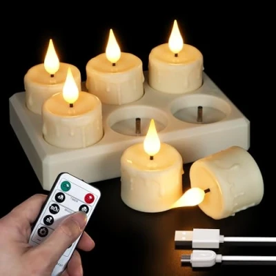 Abbildung von FREEPOWER 6er LED Teelichter Aufladbar mit Ladestation und USB Kabel, Elektrische Kerzen Flackern Fernbedienung Timer Dimmbar, Warmweiß, Familie Urlaub Deko, Ø4 x 5.5cm