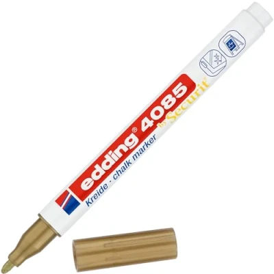 Abbildung von edding 4085 Kreidemarker gold 10 Kreidestifte Rundspitze 1 2 mm dünner Kreidestift für Tafel abwischbar zum Beschriften von Fenster, Glas, Spiegel Tafelstift mit deckenden Farben