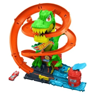 Abbildung von Hot Wheels Spielzeugauto Streckenset, City T Rex Feuerschlacht Spielset und 1 Die Cast Feuerwehrauto im Maßstab 1:64, über 45 cm groß, mehrere Rennausgänge, bewegliche Dinosaurieraugen, JBM73