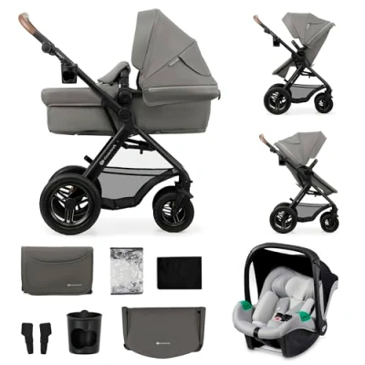 Abbildung von Kinderkraft MOOV2 AIR Kinderwagen 3 in 1 Kinderwagenset bis 26 kg mit Kindersitz I SIZE 40 75 cm, Buggy Funktion, Liegeposition verstellbar, Große ausziehbare Verdeck, Aufblasbare Räder, Hellgrau