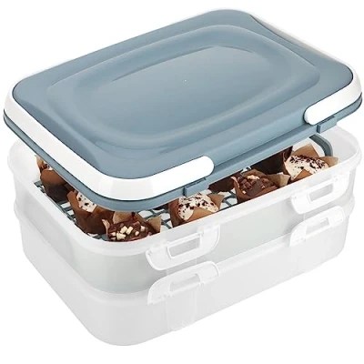Abbildung von com four® Partycontainer mit 2 Etagen und Hebeeinsatz Kuchen Transportbox für Lebensmittel Kuchencontainer Tragegriff grau pastell (01 Stück Container dunkelgrau)