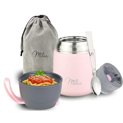 Abbildung von Milu® Thermobehälter 450, 650ml Edelstahl Warmhaltebehälter Essensbehälter Speisegefäß Babynahrung Essen warmhalten Behälter Thermo Lunchbox Müsli to go Rosa, 450ml