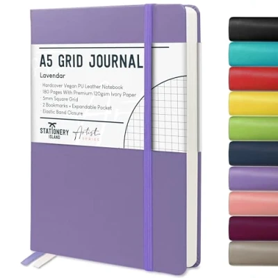 Abbildung von STATIONERY ISLAND Notizbuch a5 Kariert, Journal Hardcover mit 120 g/m² Dickem Papier, 180 Seiten Tagebuch, Notebook für Mädchen, Reisetagebuch, Planen, Lernen, Violett