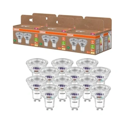 Abbildung von Osram Energy Class LED Reflektor Lampe PAR16 mit 2 W, 360 lm, warmweiß (2700 K) aus klarem bleifreiem Glas GU10 Sockel in der Energieeffizienzklasse A, 50 mm Durchmesser, IP20,6 Pack