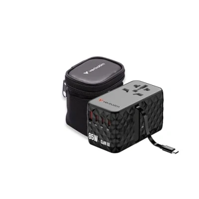Abbildung von Verbatim GaN Universal Reiseadapter mit integriertem USB C Kabel, 85 W, Steckdosenadapter 1 USB‑A &amp; 3 Anschlüssen, Schnellladegerät für Laptop, Handy, Kamera, weltweit einsetzbar, 100250 V
