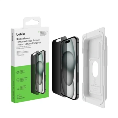 Abbildung von Belkin ScreenForce TemperedGlass antimikrobielle Display Privacy Schutzfolie für iPhone 15 und 14 Pro, dünn kratzfest, inklusive Positionierungsschale eine blasenfreie Applikation