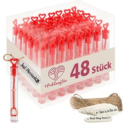 Abbildung von WeddingTree Seifenblasen Hochzeit Set in rot 48 teilig mit Herzgriff herzallerliebst für Taufe Geburtstag Goldene Verlobung Valentinstag Gastgeschenk Party