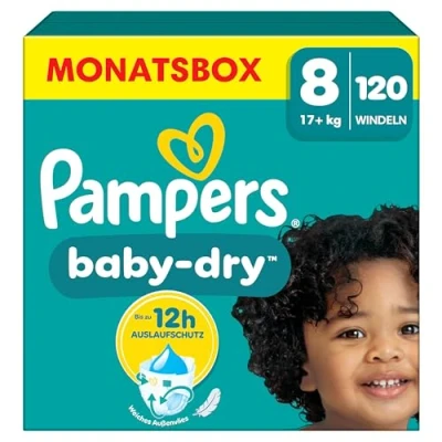 Abbildung von Pampers Windeln Größe 8, 120 Windeln, 17kg+ Baby Dry, Bis zu 100% Auslaufschutz die ganze Nacht