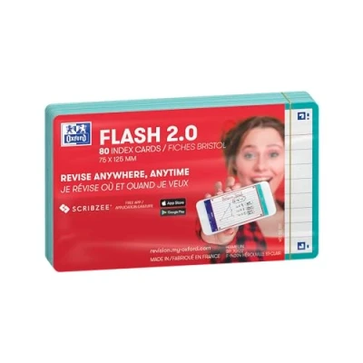 Abbildung von Oxford FLASH 2.0 Karteikarten A7, Lernkarten, 75x125mm, liniert, mint, 80 Stück