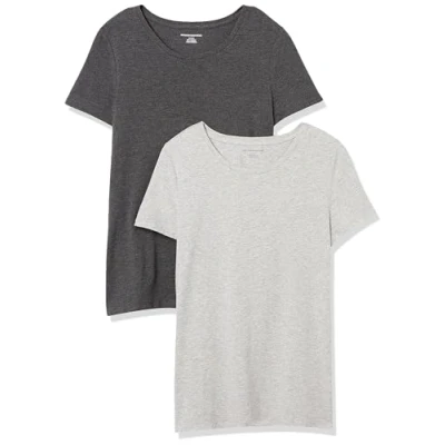 Abbildung von Amazon Essentials Damen T Shirt mit kurzen Ärmeln und Rundhalsausschnitt in normaler Passform, 2er Pack, Dunkelgrau Meliert/Hellgrau Meliert, XS