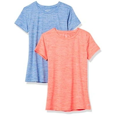 Abbildung von Amazon Essentials Damen Kurzärmliges Tech Stretch T Shirt mit Rundhalsausschnitt (in Übergröße erhältlich), 2er Pack, Hellblau Space dye/Korallenorange dye, M