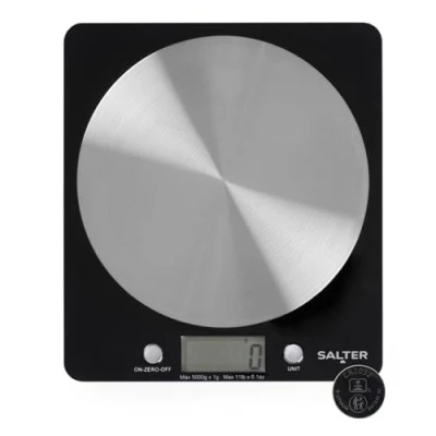 Abbildung von Salter 1036 BKSSDR Digitale Küchenwaage 5kg, Null /Tara Funktion mit hochpräzisen Sensor, Einfache zu Reinigung runde Edelstahlplattform, misst Flüssigkeiten in ml/fl. OZ, LCD Anzeige, Schwarz
