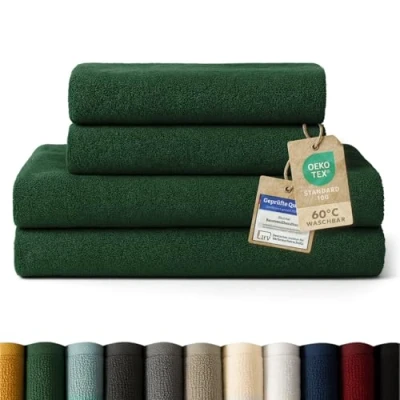 Abbildung von Blumtal Premium Frottier Handtücher Set 4 teilig 100% Baumwolle Oeko TEX zertifiziertes Badetuch 2X (70x140 cm) + Towel (50x100 saugstarkes Frottiertücher Grün Dunkel
