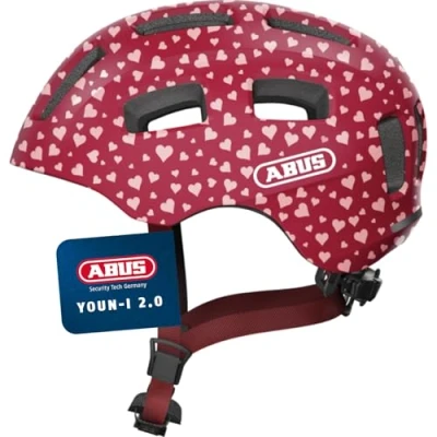 Abbildung von ABUS Fahrradhelm Youn I 2.0 mit Licht für Kinder, Jugendliche und junge Erwachsene Mädels Jungs Rot Herz Muster, Größe M, M (52 57 cm)