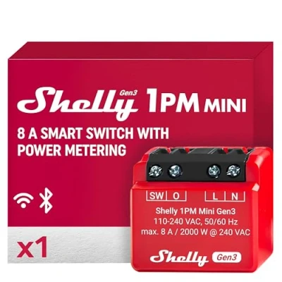 Abbildung von Shelly 1PM Mini Gen3 WLAN &amp; Bluetooth Smart Relais Schalter, 1 Kanal 8A mit Strommessung Unterputz Lichtschalter Kompatibel Alexa und Google Home iOS Android App Kein Hub erforderlich