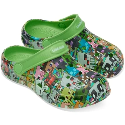 Abbildung von Minecraft Clogs Kinder Gartenschuhe für Strand Schwimmbad, Hausschuhe Jungen mit Riemen abnehmbare Schuhanhänger, Geschenke Jungs (Grün ohne Charms, 30/31 EU)