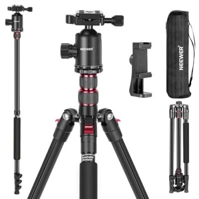 Abbildung von NEEWER 77&quot; Kamerastativ Einbeinstativ für DSLR, Telefon mit 360 Panoramakugelkopf, 2 Achsen Mittelsäule, Arca Typ QR Platte, kompaktes Aluminium Leichtgewicht Reisestativ 34lb(Max), Tasche inklusive