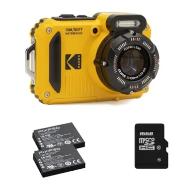 Abbildung von KODAK Pixpro Pack WPZ2 + 2 Batterien 1 SD Karte Digitalkamera Kompakt 16M Pixel, Wasserdicht bis 15m, Stoßfest, Video 720p, LCD Bildschirm 2,7 Li Ionen Akku Gelb