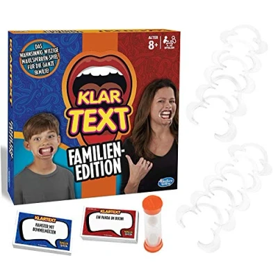 Abbildung von Hasbro Gaming Klartext Familien Edition, Partyspiel mit Lachgarantie, 6 Mundstücken für Kinder und 4 Erwachsene, Spaß Familie Freunden, Brettspiel ab 8 Jahren