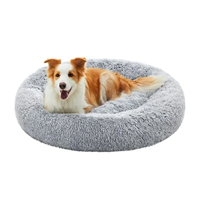 Abbildung von Feandrea Hundebett flauschig, Katzenbett, Donut Kissen, waschbar, Polsterung in der Mitte herausnehmbar, Langer Plüsch, 100 cm Durchmesser, Ombré Grau PGW042G01