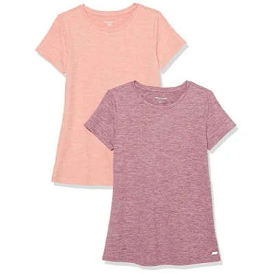 Abbildung von Amazon Essentials Damen Kurzärmliges Tech Stretch T Shirt mit Rundhalsausschnitt (in Übergröße erhältlich), 2er Pack, Lachsrosa Space dye/Pflaume dye, S