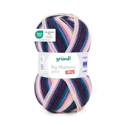 Abbildung von Gründl Wolle Big Mamma Print XXL zum Stricken Großknäuel 400 g / 1040 m Farbverlauf aus 100% Polyacryl flieder petrol purpur pfirsich weiß